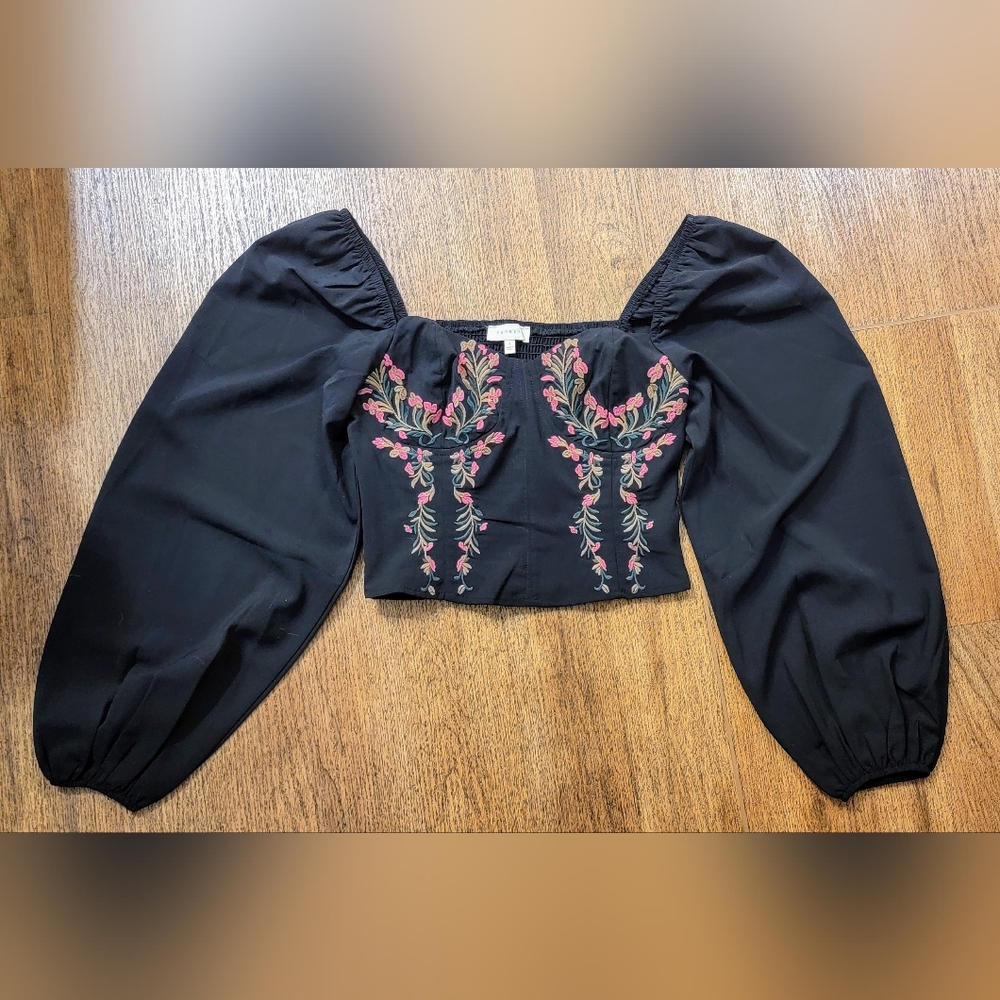 Promesa Womens Embroidered Black Puff Sleeve Top Sz S